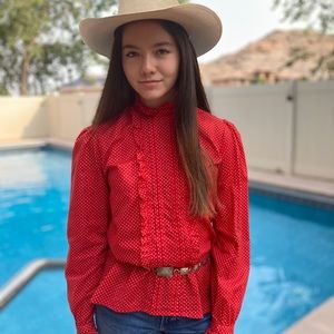 Vintage Prairie Style Red Blouse with Ruffles